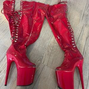 Pleaser Shiny Red Over the Knee Boots
